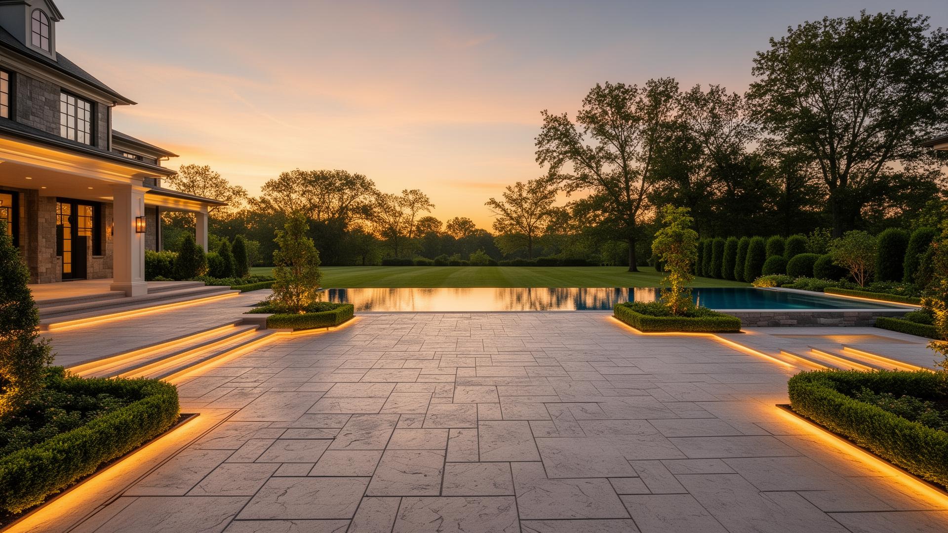 Luxury Indiana estate with pool, lighting and stamped concrete